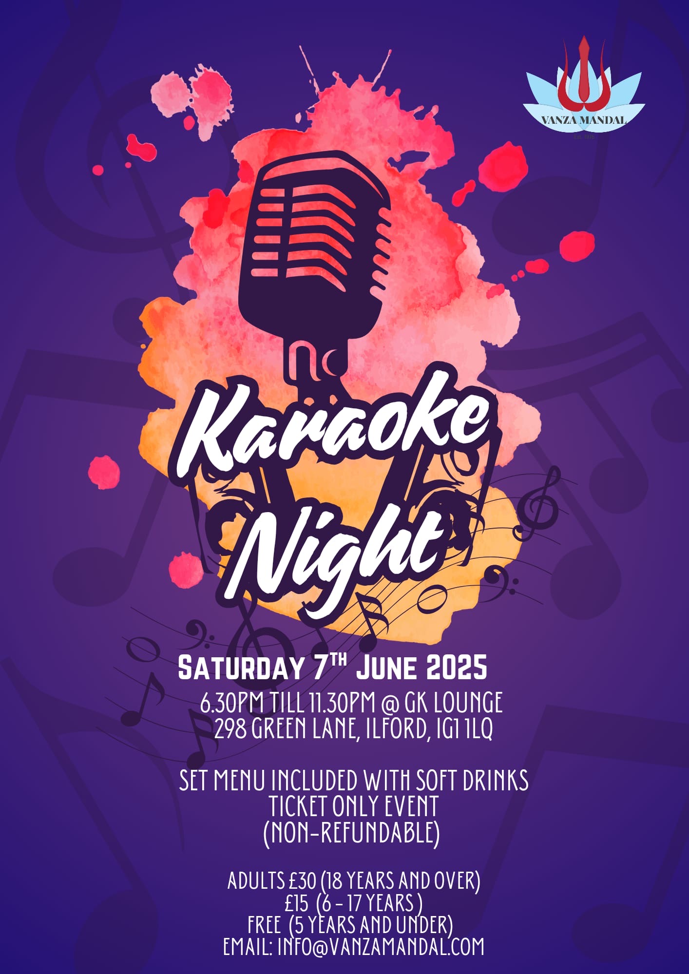 Please see details below of our Vanza Mandal Karaoke Night on Saturday 7th June 2025.
